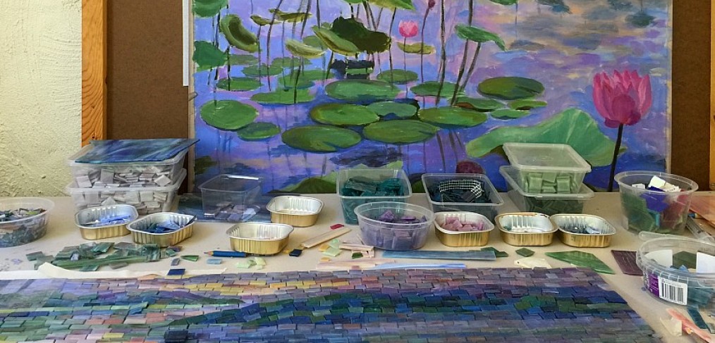 Mosaic in progress of lotus pond
