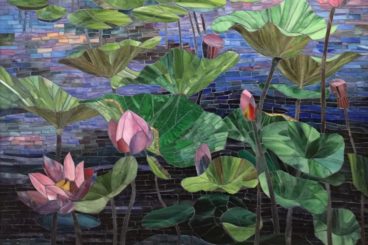 Lotus pond stained glass mosaic, Cape Cod, USA